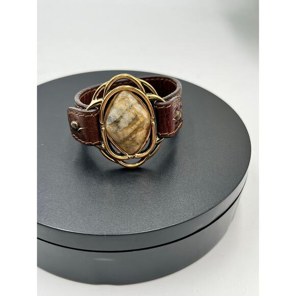 Barse Vintage African Opal Bronze Brown Tooled Genuine Leather Bracelet - Picture 11 of 11